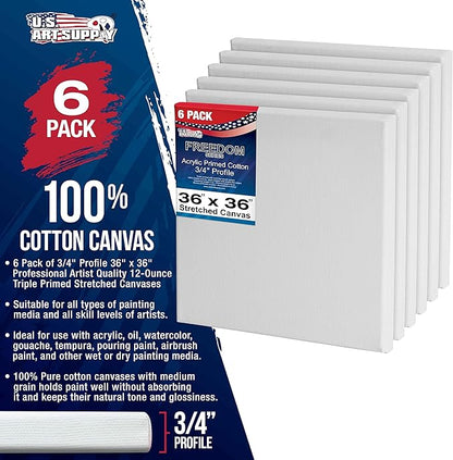 U.S. Art Supply 36 x 36 inch Stretched Canvas 12-Ounce Triple Primed, 6-Pack - Professional Artist Quality White Blank 3/4" Profile, 100% Cotton, Heavy-Weight Gesso - Acrylic Pouring, Oil Painting