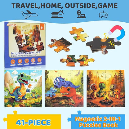 Magnetic Dinosaur Puzzles for Kids Ages 3-5 36PCS-3 Animal Themes Puzzles for Kids 4-6 Travel Puzzle for Airplane/Car/Road Trip/Gift Toys for 3-5 Year Old Girls and Boys