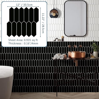 SUNWINGS Backsplash Tile for Kitchen Peel and Stick, Stone Composite Self Adhesive Tiles Long Hexagon Mosaic Wall Tile for Kitchen, 12 Inch x 11.22 Inch 10 Sheets Black Matte