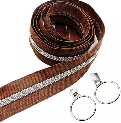 Leekayer #5 Silver Metallic Nylon Coil Zippers by The Yard Bulk 10 Yards Brown Zipper Tape with 25pcs Silver Ring Pull Sliders for DIY Sewing Tailor Craft Bag(Brown)