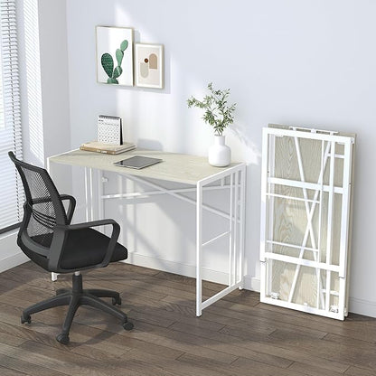 40 inch Folding Desk, Writing Gaming Computer Camping Desk, No Assembly Required Home Office Table, Natural and White