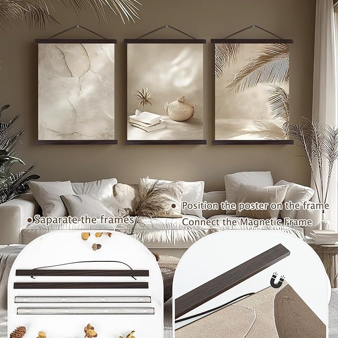 Artmag Magnetic Poster Hanger Frame, 21x28 21x36 21x16 Light Wood Wooden Magnet Canvas Artwork Print Dowel Poster Hangers Frames Hanging Kit (Walnut, 21")