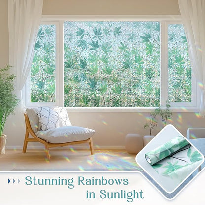 Haton Window Privacy Film, Decorative Stained Glass Window Clings, 3D UV Sun Blocking Sticker, Removable Static Cling Heat Control Tint for Home Door, Leaf Rainbow, 23.6" x 157.4" Non-Adhesive
