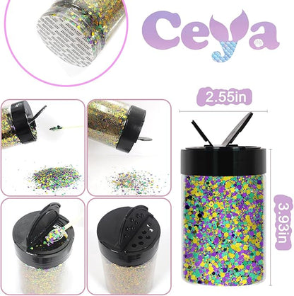 Ceya Chunky Glitter, 4.9oz/ 140g Mardi gras Craft Glitter Powder Mixed Fine Flakes Iridescent Nail Sequins for Halloween Pumpkin, Nail Art, Hair, Epoxy Resin, Tumblers, Slime, Painting, Festival Decor