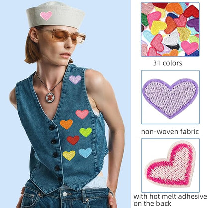 62 Pcs Colorful Embroidered Iron on Heart Patches Hearts Iron on Patches Mini Tiny Fabric Heart Sew on Patch,Hearts Embroidered Patch for Clothes Dress Pant Hats Backpack