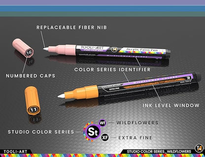 28 Wildflower Colors Acrylic Paint Pens Studio Color Series Markers Set 0.7mm Extra Fine Tip, Rock Painting, Glass, Mugs, Wood, Metal, Canvas, DIY, Detailing. Non Toxic, Waterbased, Quick Drying