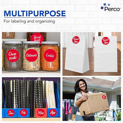 Perco Red 3-Inch Round Circle Dot Sticker Labels with Easy Peel Perforation - 500 Labels per Roll - Strong Adhesion, Vibrant Colors for Organizing, Crafting & More - Made in USA