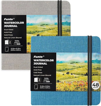 Funto Watercolor Journal, Square, 5.5x5.5, Portable 2-Pack, 48 Pages Each, Gray&Blue Cover, 110lb/230gsm, Art Supplies for Mixed Media