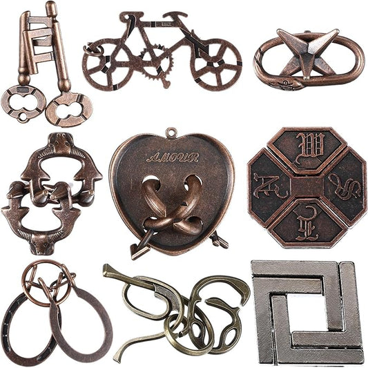 Wettarn 9 Pcs Metal Brain Teaser Puzzles Teaser 3D Steel Puzzle for Adults Unlock Interlocking Games IQ Education Smart Logic Test Toys for Adults Mind Challenge(Classic Style)