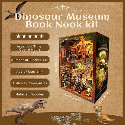 Book Nook Kit - DIY 3D Wooden Puzzle Miniature House with LED Lights - Creative Crafts for Adults - Bookshelf Insert Decor - Educational Gift for Family & Friends（Dinosaur Museum）