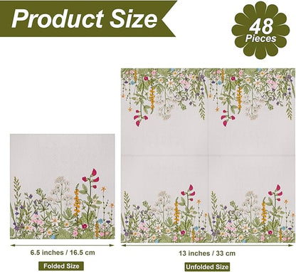 Aodaer 48 Pieces Disposable Fall Paper Napkins, Decoupage Napkins, 13" x 13" Unfolded Garden Party Napkin, Cocktail Dinner Napkin Set for Wedding Birthday Tea Party Supplies