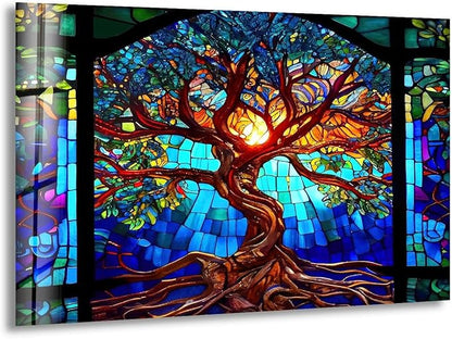 My Photostation.com Round 24'' Stained Blue Life of Tree Glass Wall ArtTempered Glass Printing Wall Decor Large Wall Art Wall Hangings