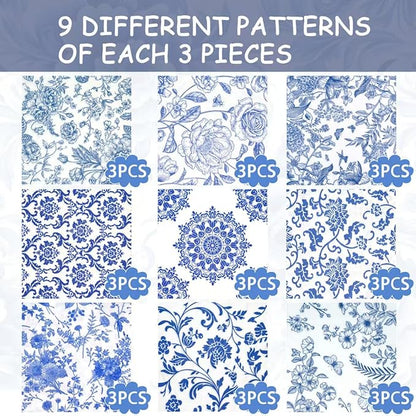 Decoupage Napkins Assorted Floral 27 Pack 9 Styles for DIY Crafting Birthday Party ， Decorative Decoupage Napkins Cocktail Paper ，Each Unfolded 13 Inch (Blue Floral)