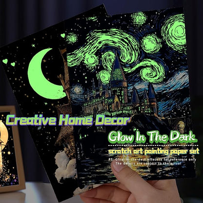 Scratch Paper Art for Adult-Glow in The Dark Scratch Painting Craft Kit (8 Sheets A5)|DIY Foil Engraving Art Set|Stress Relief Gift for Craft Lovers|Creative Scratch Art Home Decor(Marine & Castle)