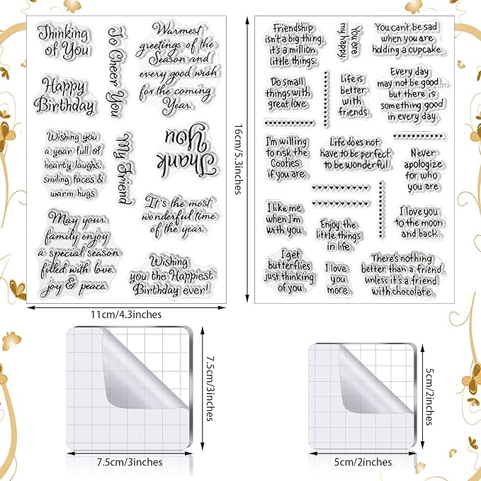 4 Sheets Sentiments Rubber Clear Stamps Set for Card Making and DIY Scrapbooking Journaling 2 Acrylic Stamp Blocks with Grid Lines for Birthday Wedding Wife Husband Anniversary Special Occasion Cards