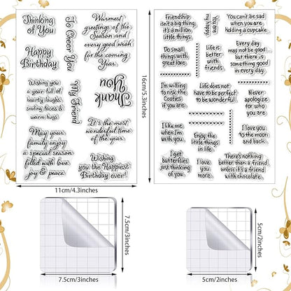 4 Sheets Sentiments Rubber Clear Stamps Set for Card Making and DIY Scrapbooking Journaling 2 Acrylic Stamp Blocks with Grid Lines for Birthday Wedding Wife Husband Anniversary Special Occasion Cards