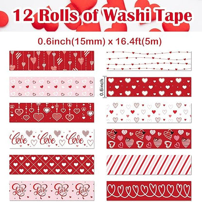 12 Rolls Love Heart Washi Tape Set, Red Stripe Checked Masking Tapes, Red Heart Decorative Tape for Journaling Supplies, Wedding Party, Junk Journal, Scrapbooking, Planner, DIY Arts Crafts 16.4FT