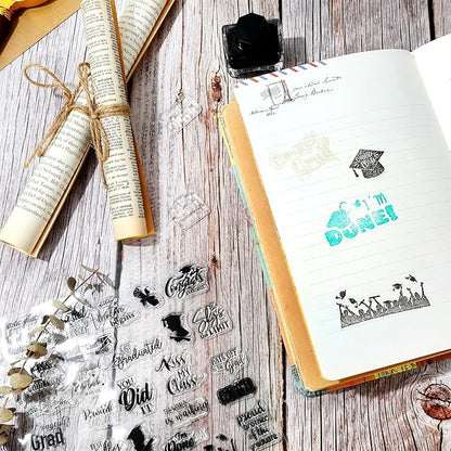 Whaline 4 Sheet Graduation Words Clear Stamps Congrats Grad Cap Silicone Transparent Stamps Border Stamp Cards for DIY Craft Card Making Scrapbooking Embossing Album Decor