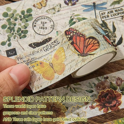 24 Rolls Vintage Washi Tape Set, Floral Letter Butterfly Mushroom Botanical Flower Writable Decorative Tapes for Scrapbooking , Junk Journal supplies, Bullet Journaling 5-75mm Wide 9.84ft long/Roll