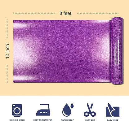 Dark Purple Glitter HTV Heat Transfer Vinyl, 12" x 8ft lron on Vinyl, for T-Shirt Ironing, Vinyl HTV Easy to Cut and Weed, The Best Choice for DIY Creativity. (Dark Purple, 12" x 8ft)