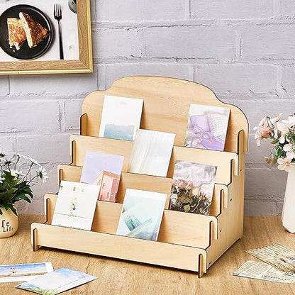 Barydat 2 Pcs 4 Tier Greeting Card Display Stand Wooden Sticker Display Stand Portable Card Display Rack for Vendors Retail Counter Table Display Trade Shows Showcase (Wood Color,15.8 Inch)