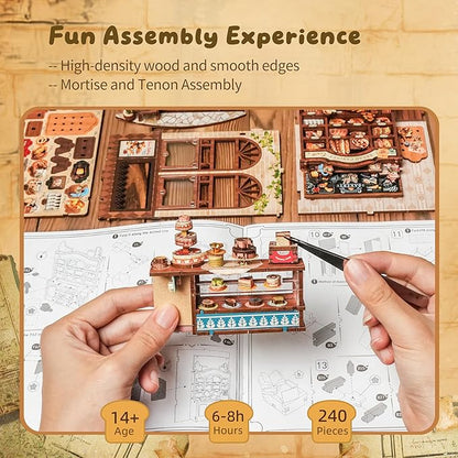 3D Wood Puzzle Bear Bakery LED Dollhouse Book Nook Kit - Miniature Bookshelf Insert DIY Home Decor Gift for Kids and Adults (Bear Bakery)