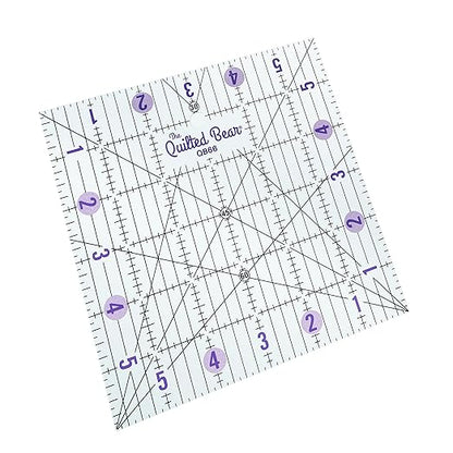 The Quilted Bear Quilting Rulers - Transparent Acrylic Non Slip Quilting, Patchwork & Sewing Ruler with Clear Black Lines & 30, 45 & 60 Degree Angles for Perfect Accuracy & Precision (6" x 6")