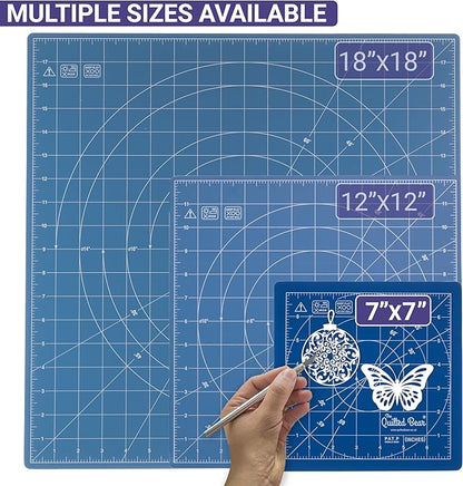 The Quilted Bear Rotating Cutting Mat 7" x 7" - Locking & Rotating Self Healing Cutting Board for Sewing, Fabric & Effortless Quilting - 360 Degree Sewing Supplies Mat for Craft Table (Blue)