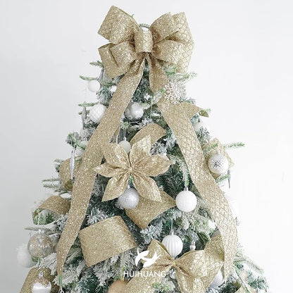 HUIHUANG Champagne Gold Christmas Ribbon 4 inch Glitter Wired Ribbon Diamond Mesh Wire Ribbon for X-mas Tree Decorations, Wreaths, Garland, Large Bows Making, Wedding Decor -10 Yards