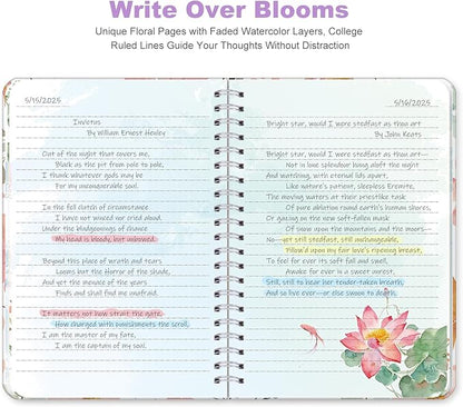 SIIXU Floral Spiral Notebook - A5 College Ruled Journal with 160 Colorful Pages for Poetry, Work Notes & Daily Writing, Blue, Hardcover