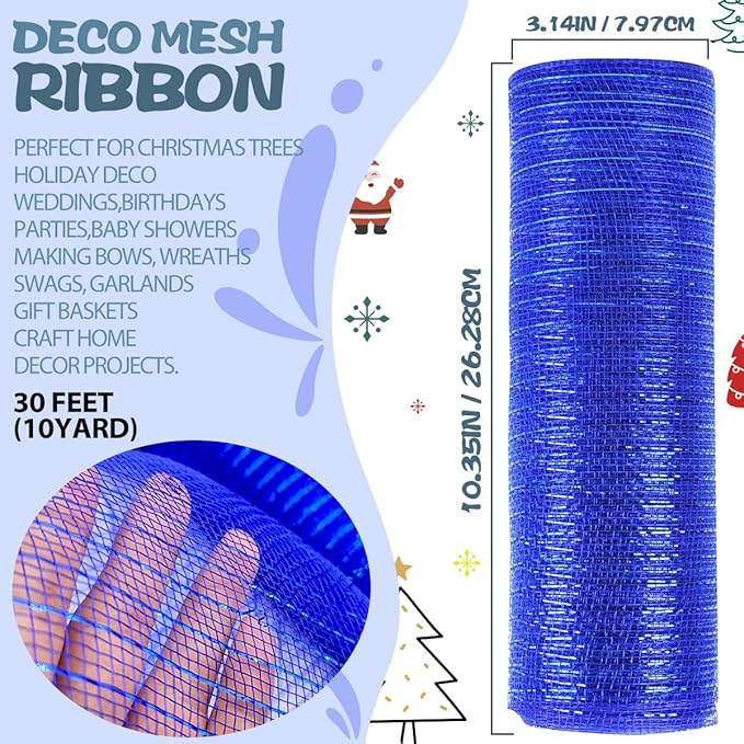 Anivia Deco Mesh Ribbon, 10inch x 30 Feet Each Roll Metallic Foil Mesh Ribbon for Wreaths Swags, Holloween, and Christmas Tree Decoration (Royal Blue/Royal Foil)