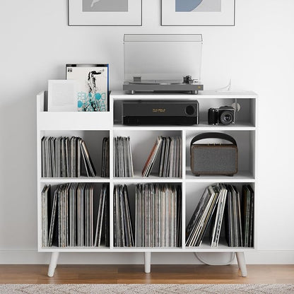 Cozy Castle Large Record Player Stand, Vinyl Storage Cabinet Mid Century Modern Turntable Stand Media Console Table Open Shelf Cube CD Album Holder Organizer for Living Room, Office, White