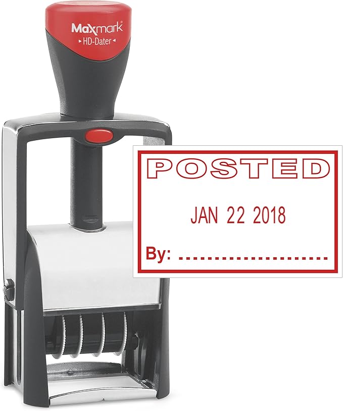 MaxMark Heavy Duty Self Inking Date Stamp with Phrase Posted - Red Ink