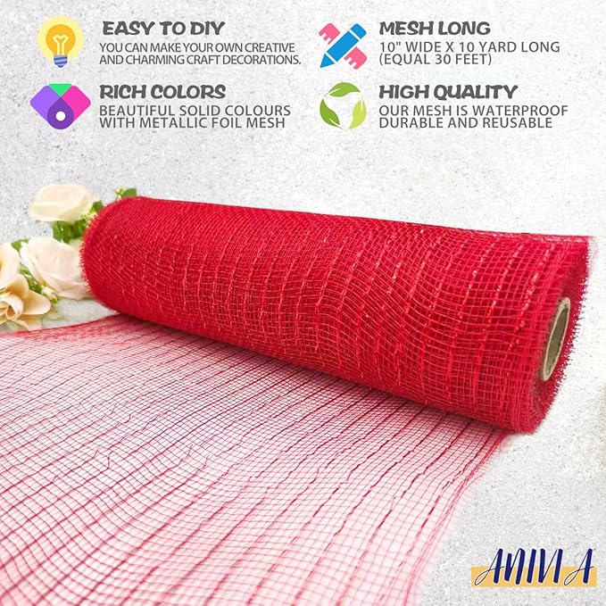 Anivia Deco Mesh Ribbon, 10inch x 30 Feet Each Roll Metallic Foil Mesh Ribbon for Wreaths Swags, Holloween, and Christmas Tree Decoration (Red/Red Foil)