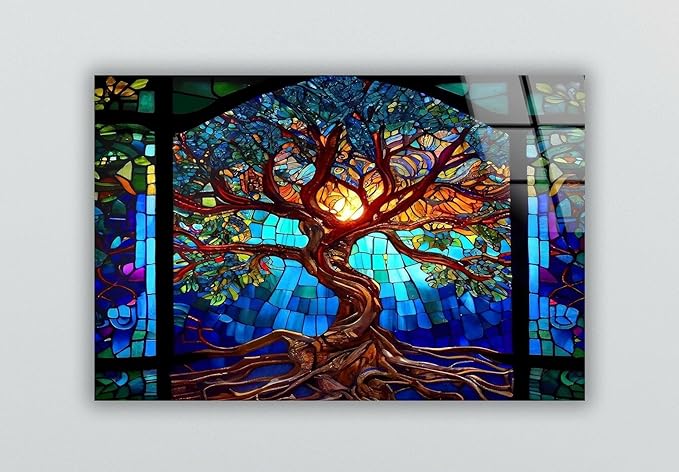 My Photostation.com 48Wx32H'' Stained Blue Life of Tree Glass Wall ArtTempered Glass Printing Wall Decor Large Wall Art Wall Hangings