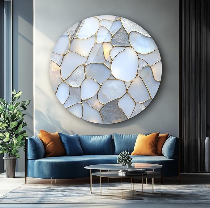 My Photostation.com 31.5''(80cm) Diameter White Stone Mosaic Round Glass Wall Art Tempered Glass Printing Wall Decor Large Wall Art Wall Hangings