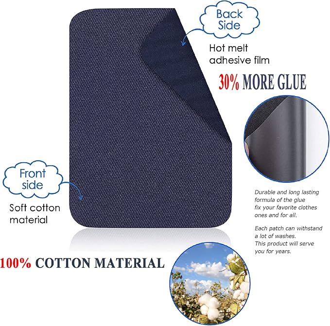 12PCS Fabric Iron on Patches Inside & Outside Strong Glue 100% Cotton Repair Patch for Clothes Pants Mending and Decorating, Black