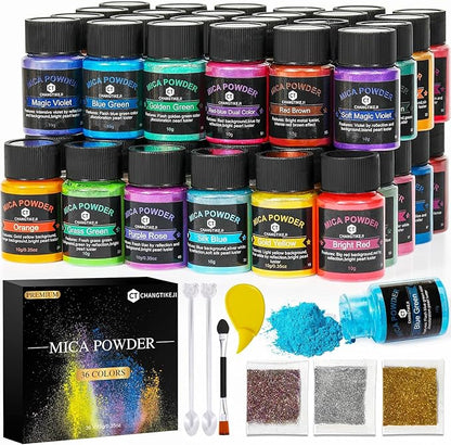 CHANGTIKEJI Mica Powder，36 Colors - 10g/Bottle of Natural Pigment Powder for Epoxy Resin，Soap Making，Candle Making,Lip Gloss,Car Freshies,Dye,Nail Polish,Bath Bombs