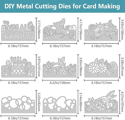 9PCS Die Cuts for Card Making Metal Cutting Dies Flower Butterfly Dragonfly Bird Bubbles Love Heart Happy Birthday Cake Cutting Embossing Stencil Template DIY Paper Cards Album Decoration
