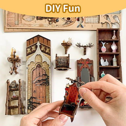 DIY Book Nook Kit,Dollhouse Booknook Bookshelf Insert Decor,3D Wooden Puzzles with LED Dust Cover,Book Nook Miniature Kit,Birthday Halloween Home Decor for Teens Adult-Moonlight Castle