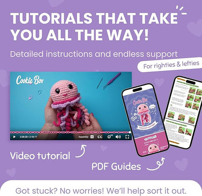 Cookie Box Crochet Kit for Beginners – Gift Set to Make Jellyfish Jenny Amigurumi Plushie – Easy DIY Crochet & Knitting Starter Kit with Video and PDF Tutorials