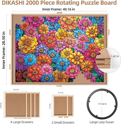 2000 Pieces Rotating Puzzle Board with 6 Drawers, Lazy Susan & Transparent Cover, 40.1"x28.5" Portable Wooden Jigsaw Puzzle Board, Great Gift for for Puzzle Enthusiasts