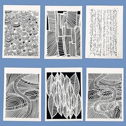 TIAMECH 6 Pcs A4 Reusable Geometric Stencils for Painting - Hollow Leaves & Abstract Curve Lines Texture Layering Templates, DIY Wall Art, Furniture, Scrapbook & Crafts