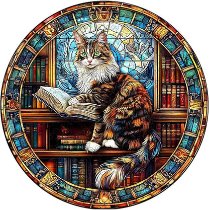 Wooden Puzzles Adults, Maine Cat Library Wooden Puzzles 300 Pieces, Unique Animal Shaped Wood Challenging Jigsaw Puzzles Gifts for Adults, 13.4x13.4in