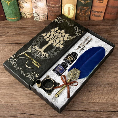 Quill pen ink set,Feather Pen and Ink Set,Antique Calligraphy Pen with 4 Replaceable Nibs,2 Bottle of ink,Feather Dip Pen Holder Christmas Gift for Men&Women.(Blue)