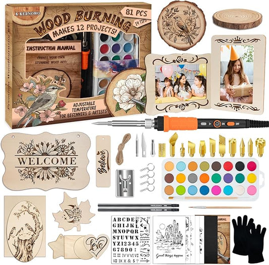 K KERNOWO Wood Burning Kit - 81Pcs All-in-One Wood Burning Tool Pen Adjustable Temperature Wood Burner Kit Crafts Gifts for Adults & Teens, Woodburning Kits for Beginner Pyrography