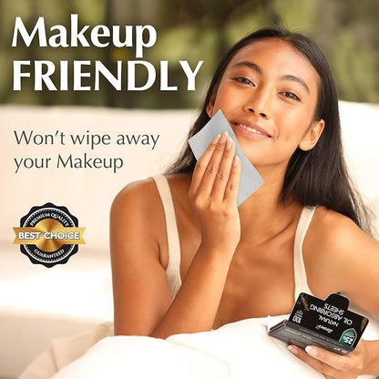 Natural Oil Blotting Sheets for Face with Bamboo Charcoal - 25% Larger - 1pk/100 Makeup Friendly Blotting Papers for Face - Easy Dispensing Oil Absorbing Sheets