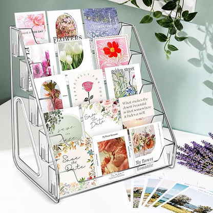 Tall 5-Tier Acrylic Card Display Stand for Greeting Cards, Sports Cards, Postcards, Stickers & Brochures, Easy Snap-On Sticker Display Rack
