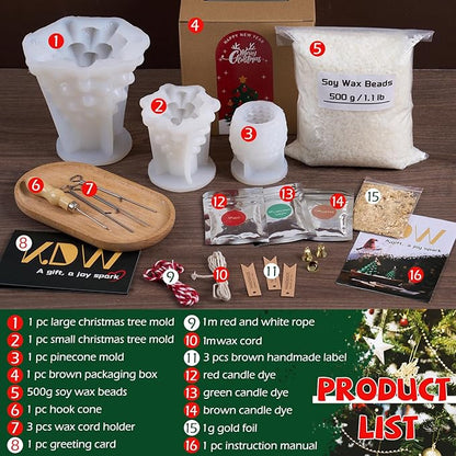 KDW Soy Wax Beads for Candle Making Christmas Tree Silicone Mold Large+Small 3D Candle Molds and Pine Cone Silicone Mould Accessories Set Christmas Gift for Friends and Family