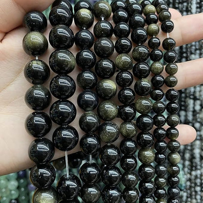 AAA Natural Gold Obsidian Gemstone Beads Energy Healing Power Stones Round Loose Beads for Jewelry Making, DIY Bracelet Necklace 12mm 32pcs